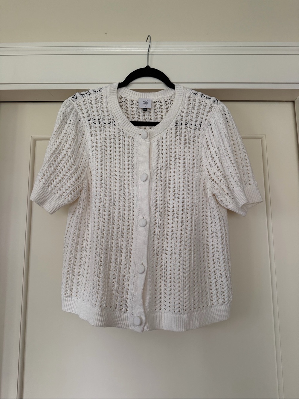 Cabi White Crochet Pointelle Knit Short Sleeve Button Cardigan Size L Style 6595